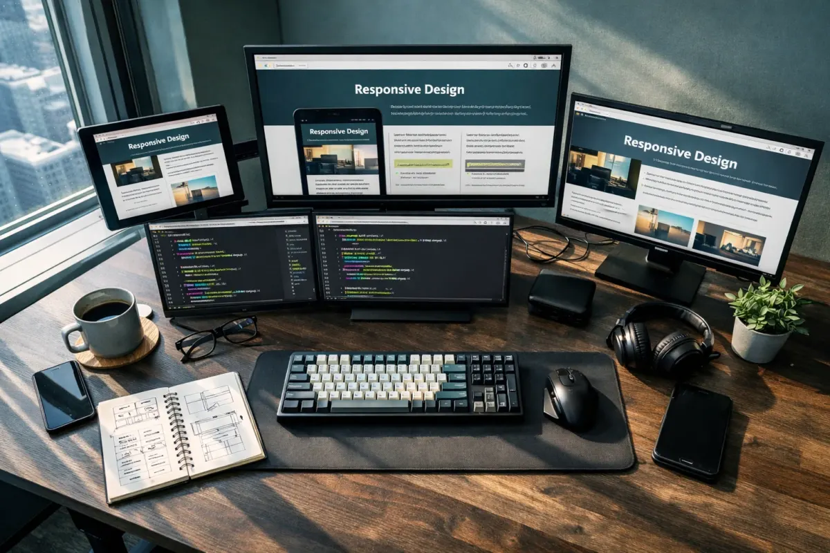 Top-down view of a Toronto web developer’s workstation with several monitors showing code