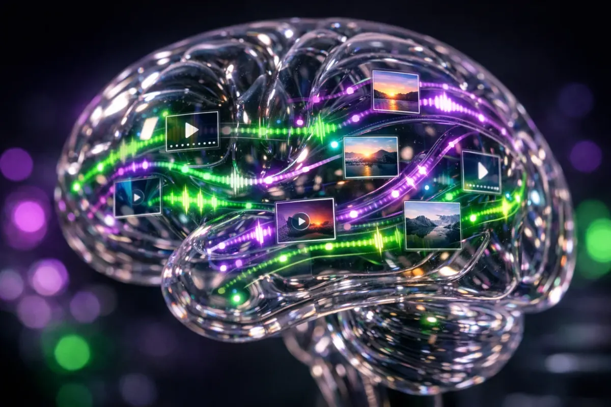Close-up of a transparent glass brain model filled with glowing data streams