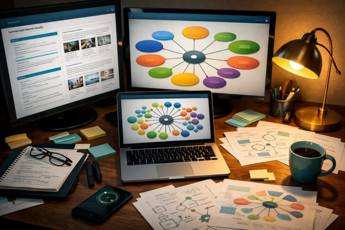 Bird’s-eye view of an analyst’s desk with screens showing AI-generated search results