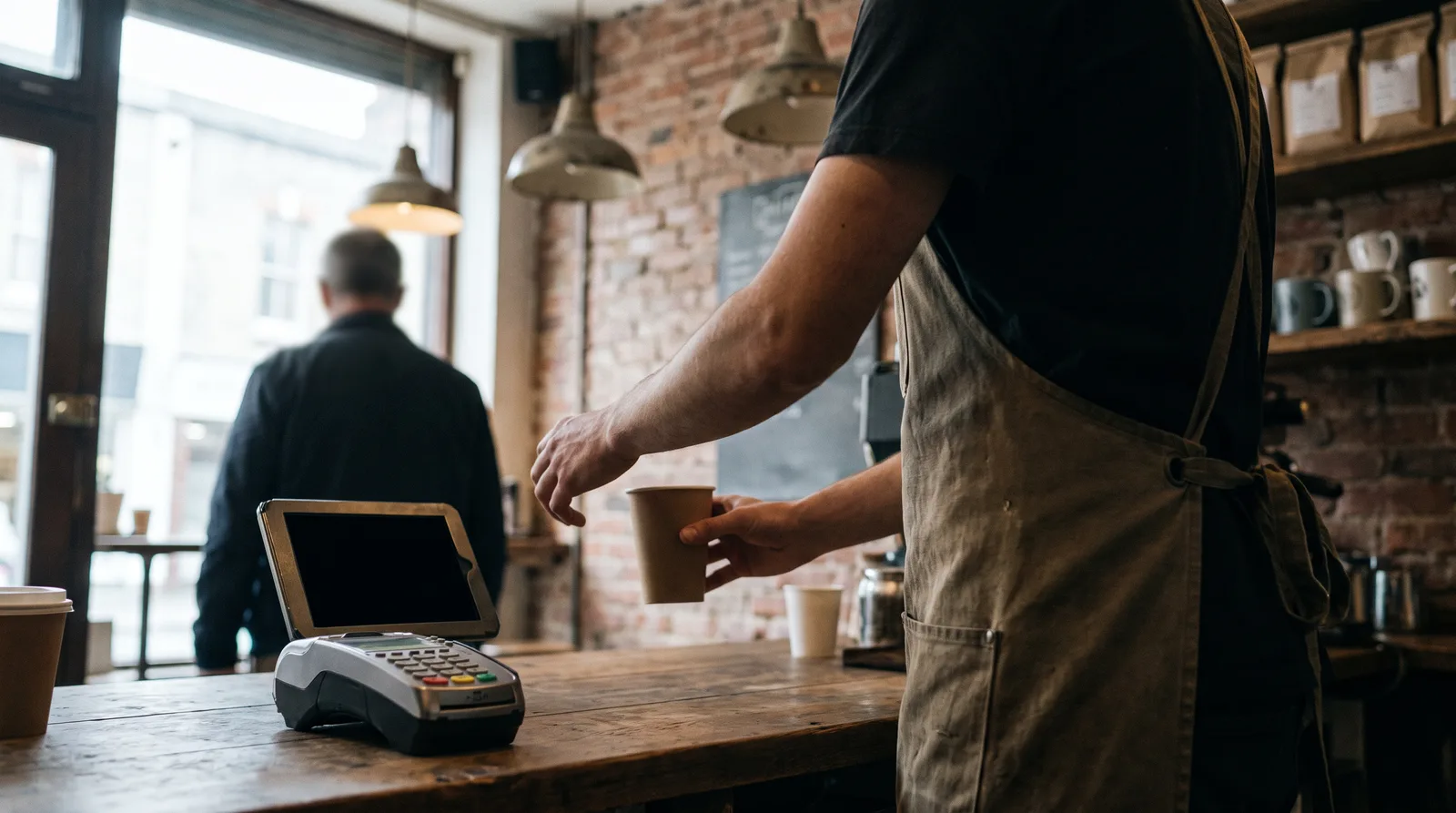 Coffee shop owner in an apron handing a takeaway cup across a counter beside a card terminal