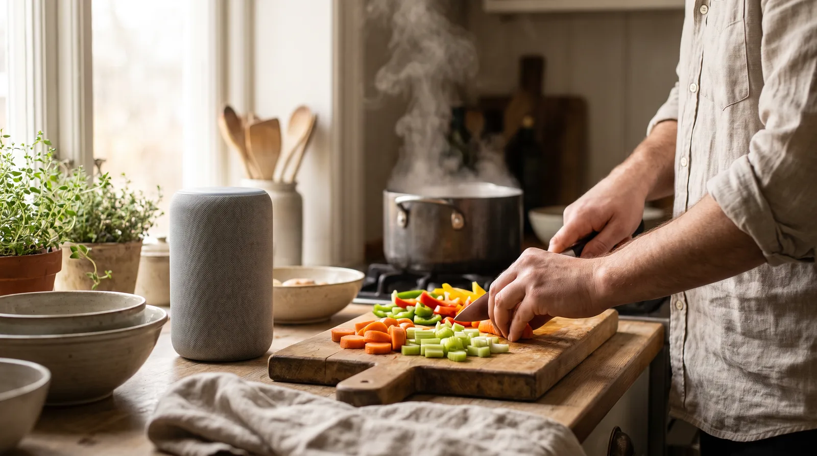 Smart speaker on a kitchen counter beside a cutting board while someone chops vegetables