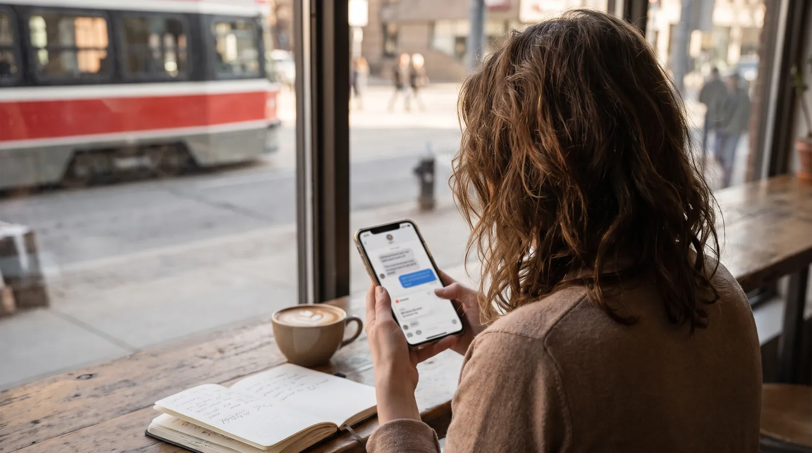 Woman at a cafe window table reading an AI chat conversation on her phone, with a sponsored card under the reply