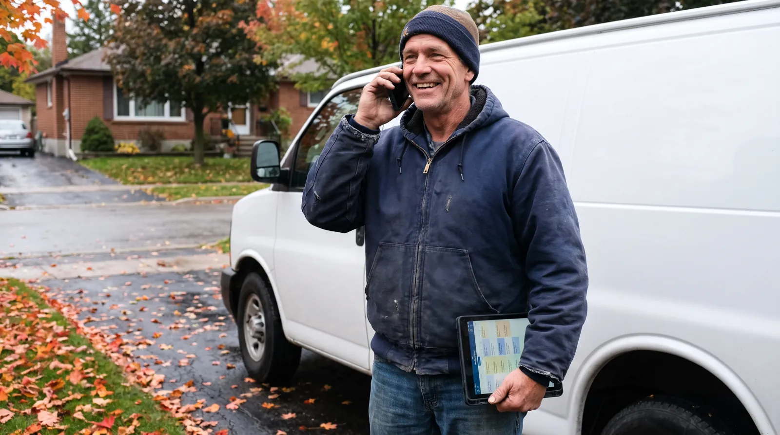 HVAC contractor beside his service van taking a customer call while holding a tablet with booked jobs