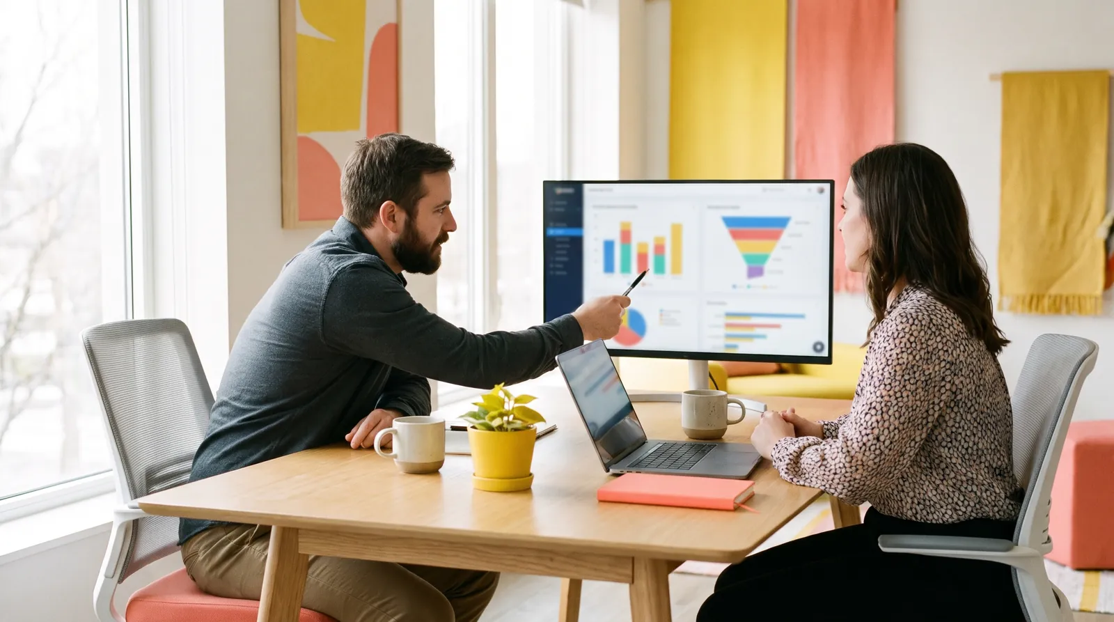 Two marketing specialists reviewing a campaign performance dashboard on a large monitor