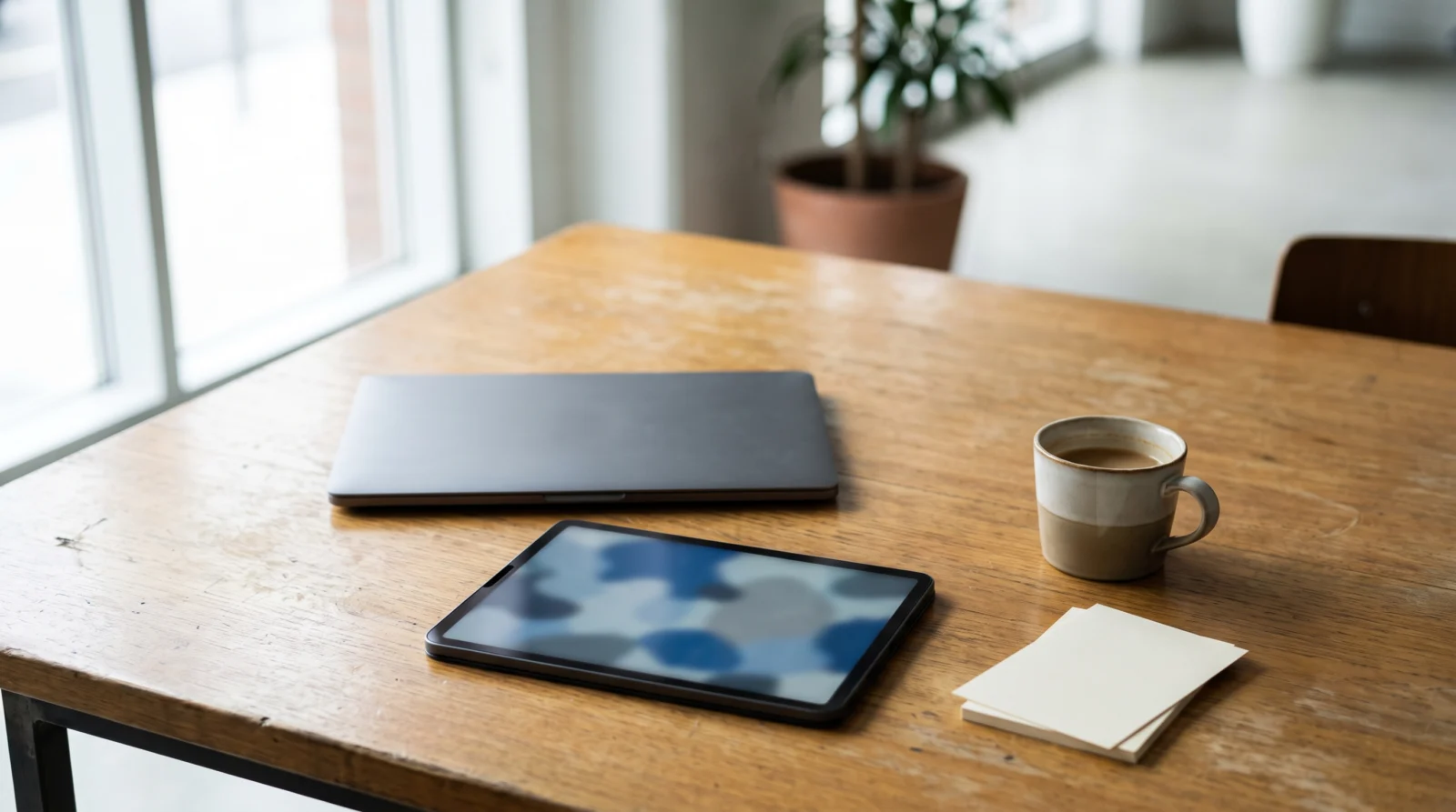 Meeting table with a closed laptop, a tablet and a stack of blank cards