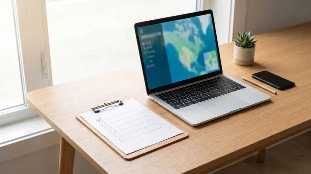 Clipboard with a blank checklist beside an open laptop and phone on a bright desk