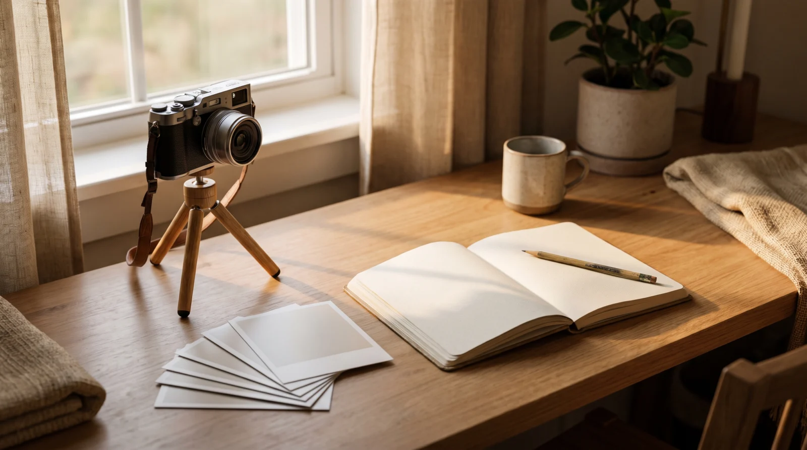 Camera on a small tripod with blank printed photos and a notebook on a wooden desk