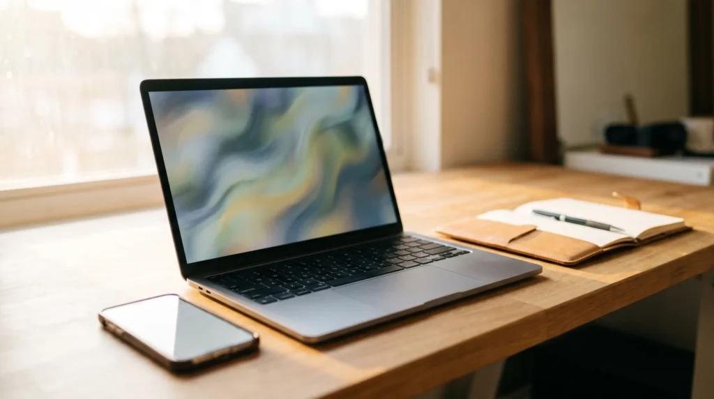 Laptop with a blurred abstract screen, a phone and a notebook on a wooden desk