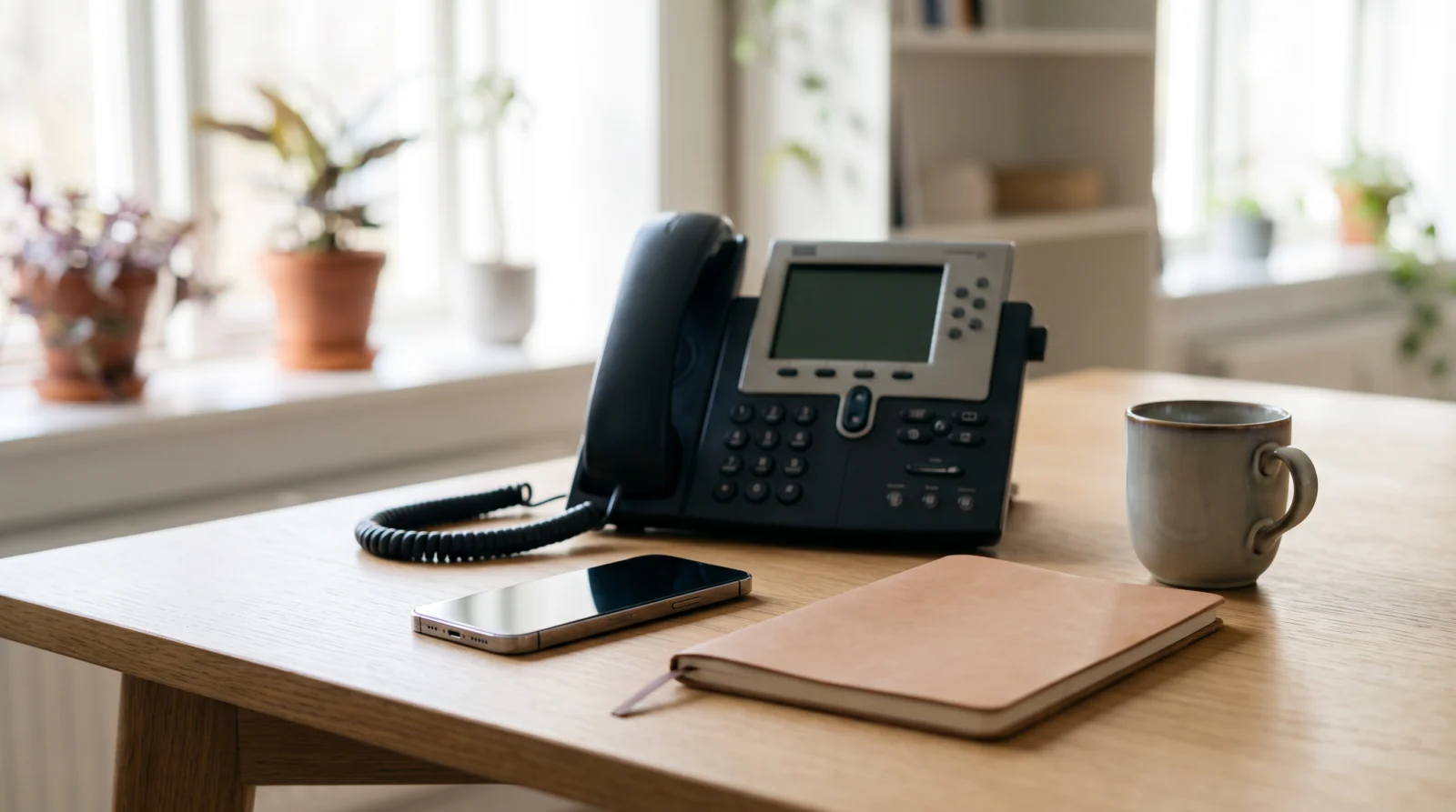 Desk telephone and a smartphone beside a notebook and a coffee mug on a wooden desk