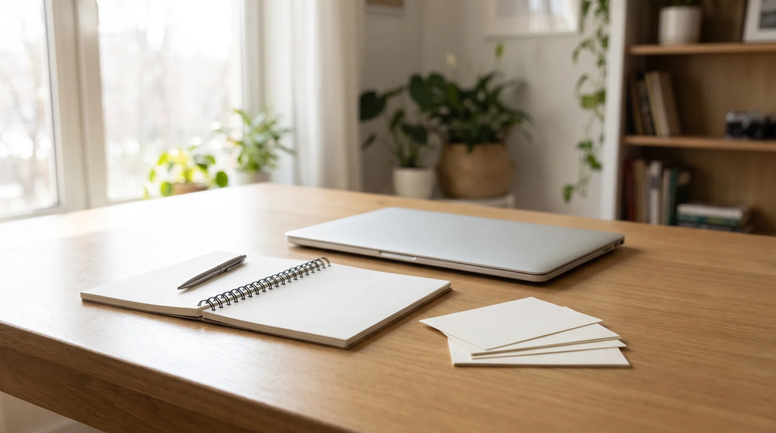 Closed laptop, a spiral notebook, a pen and blank cards on a light wooden table