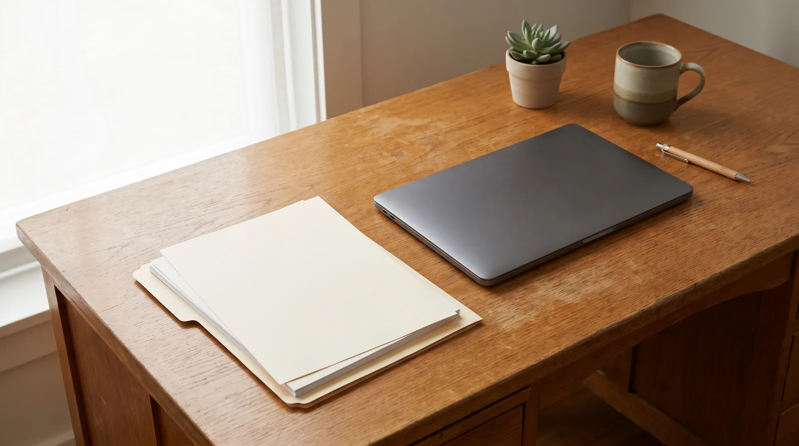 Tidy desk with a closed laptop, a folder of blank papers and a coffee cup, illustrating document preparation