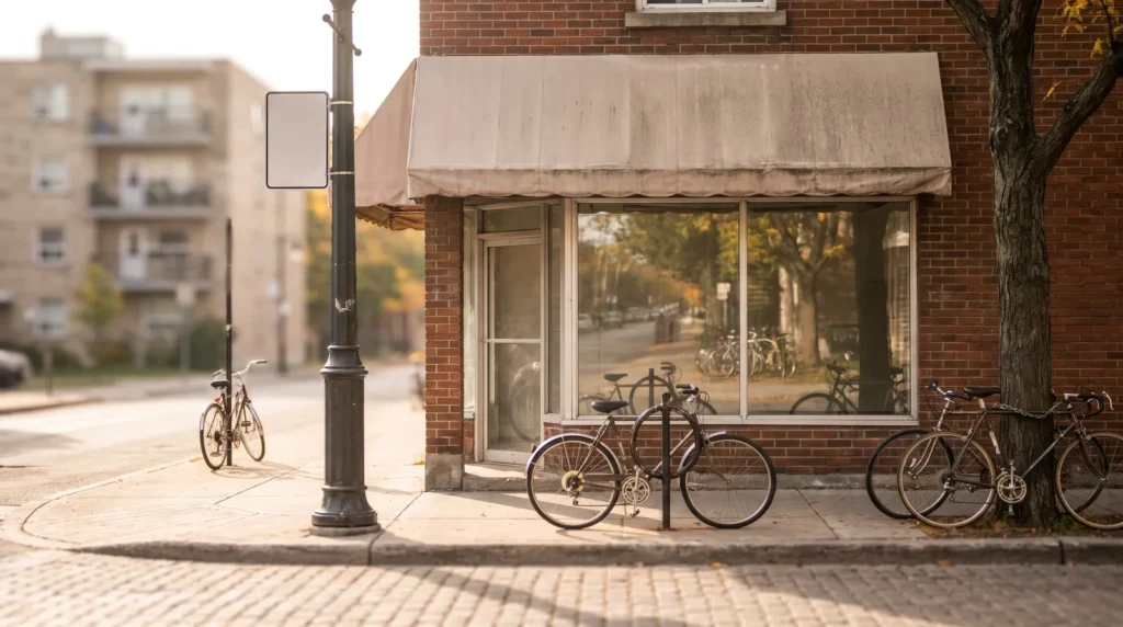 Corner shop with a blank awning and bicycles on a quiet street