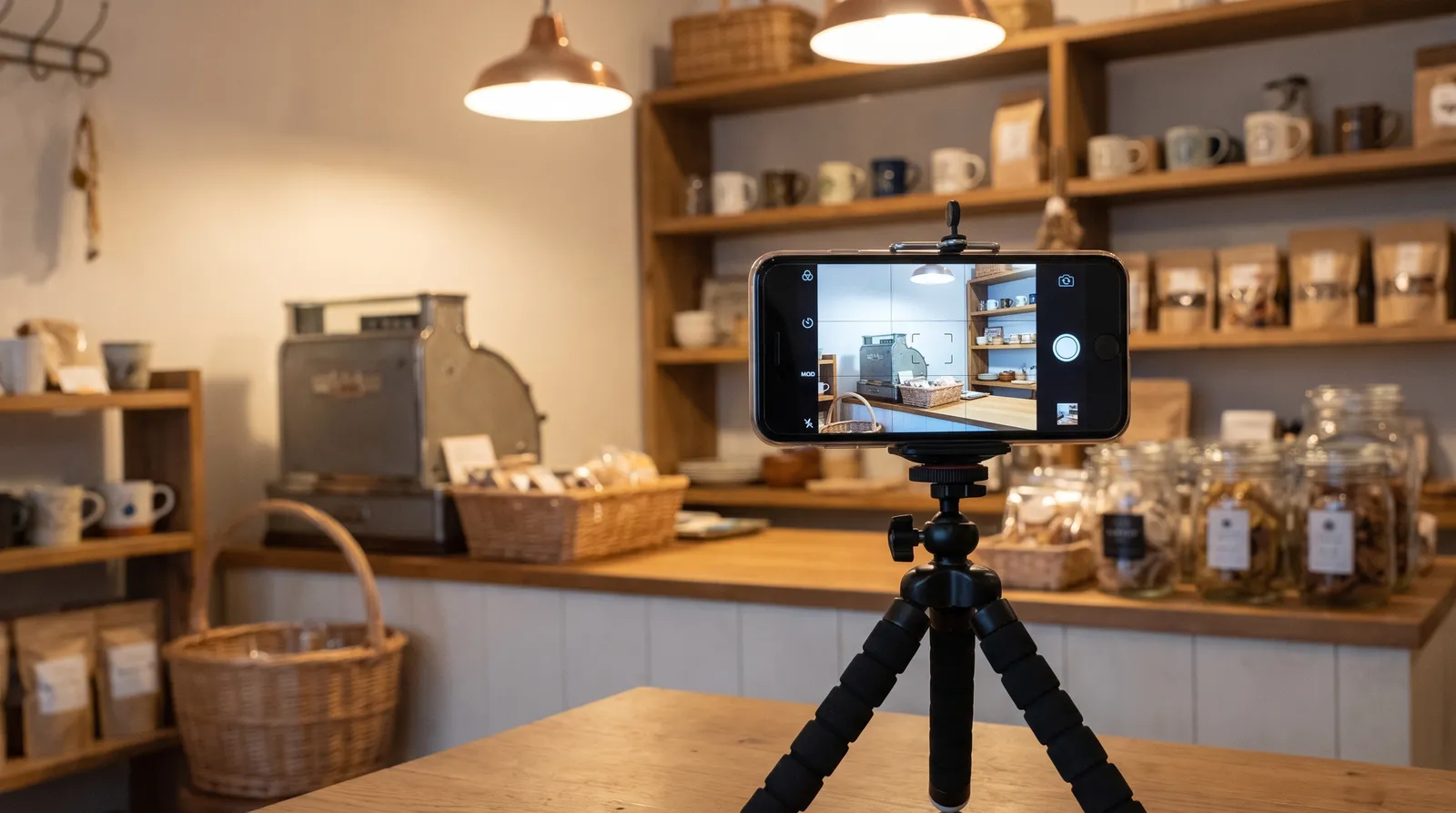 Smartphone on a small tripod pointed at a shop counter, illustrating a video verification setup