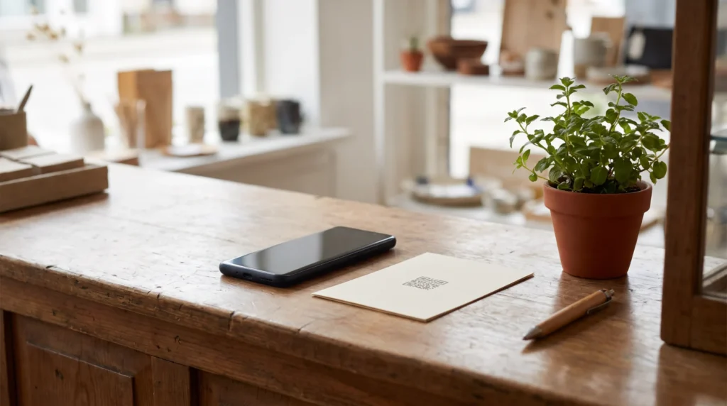 Wooden shop counter with a smartphone, a blank card with a QR code, a potted plant and a pen