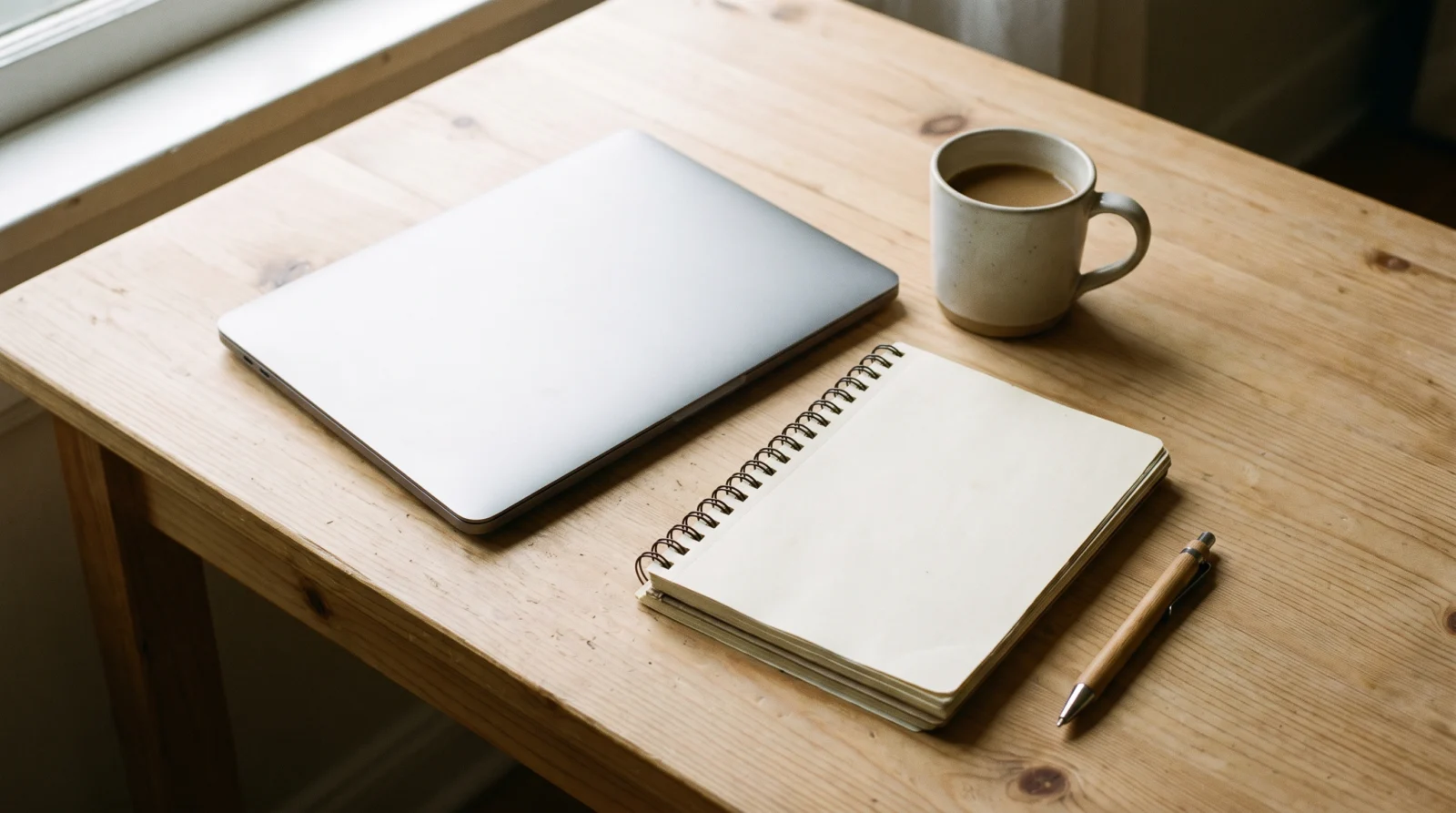 Light wooden desk with a closed laptop, a spiral notebook, a pen and a coffee mug
