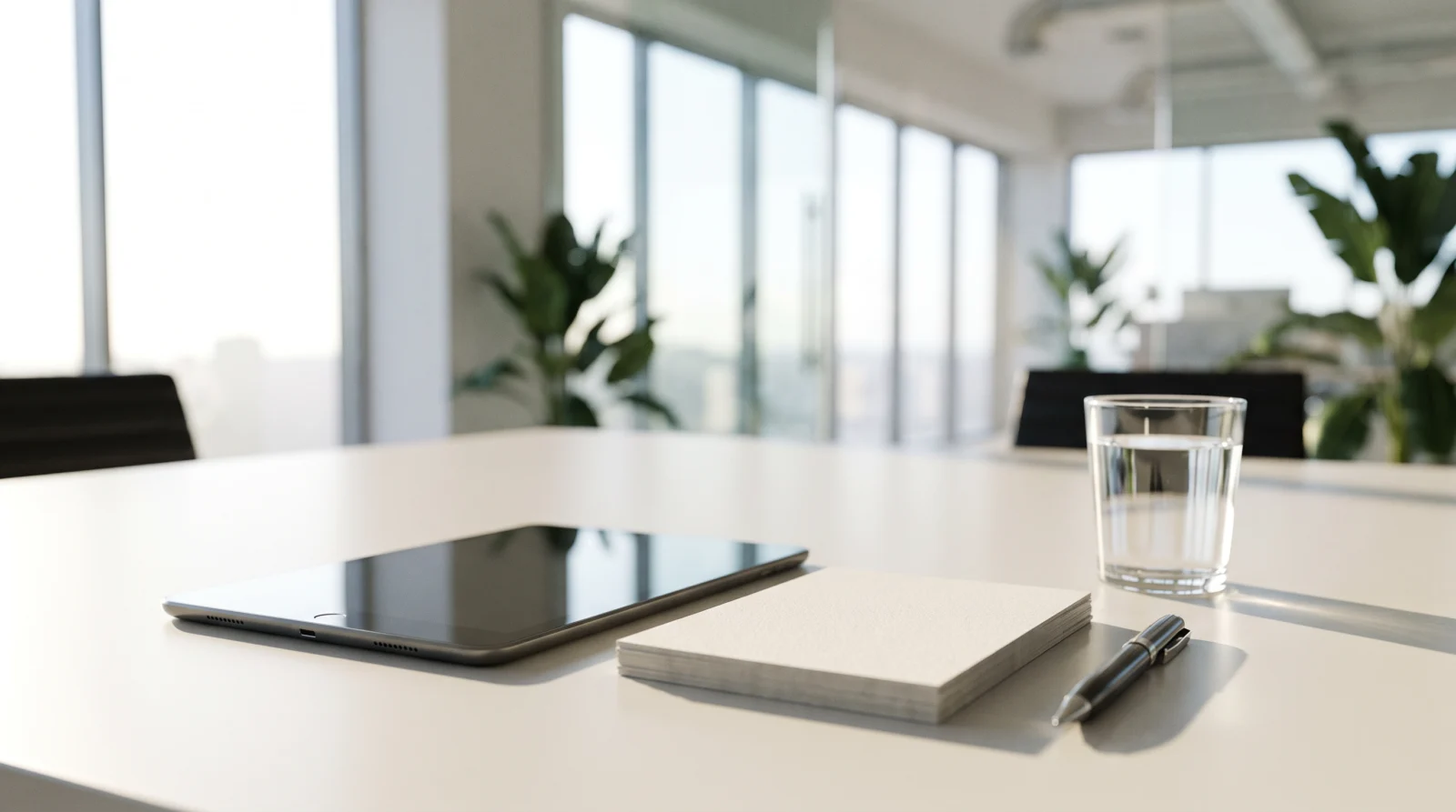 Meeting table with a tablet lying face down, a stack of blank note cards, a pen and a glass of water