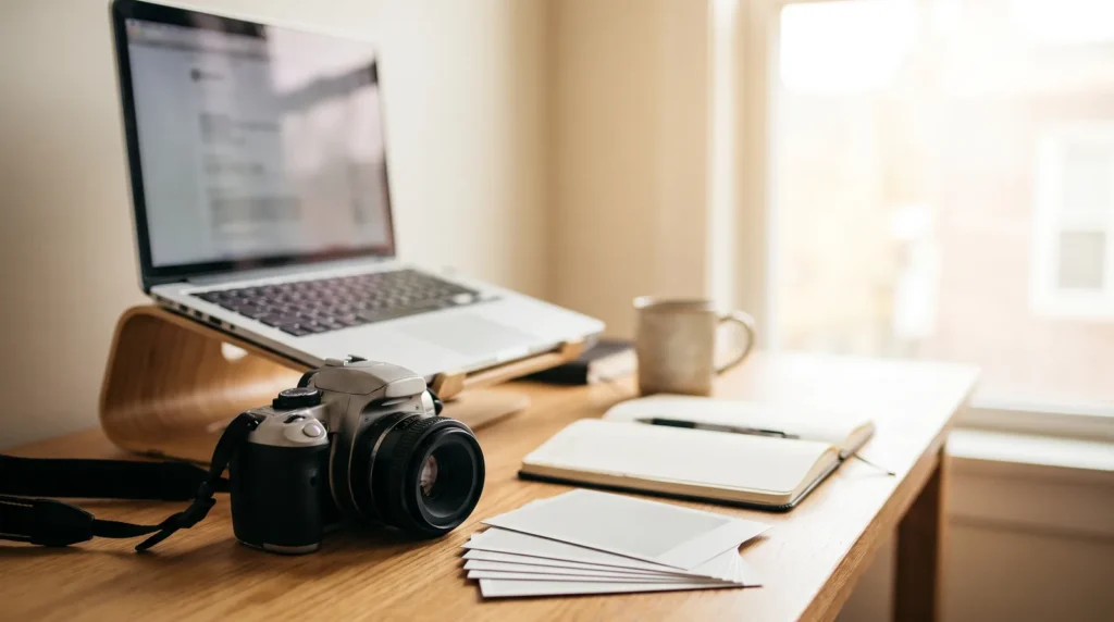 Desk with an open laptop, a camera, blank photo prints, a notebook and a coffee mug in window light