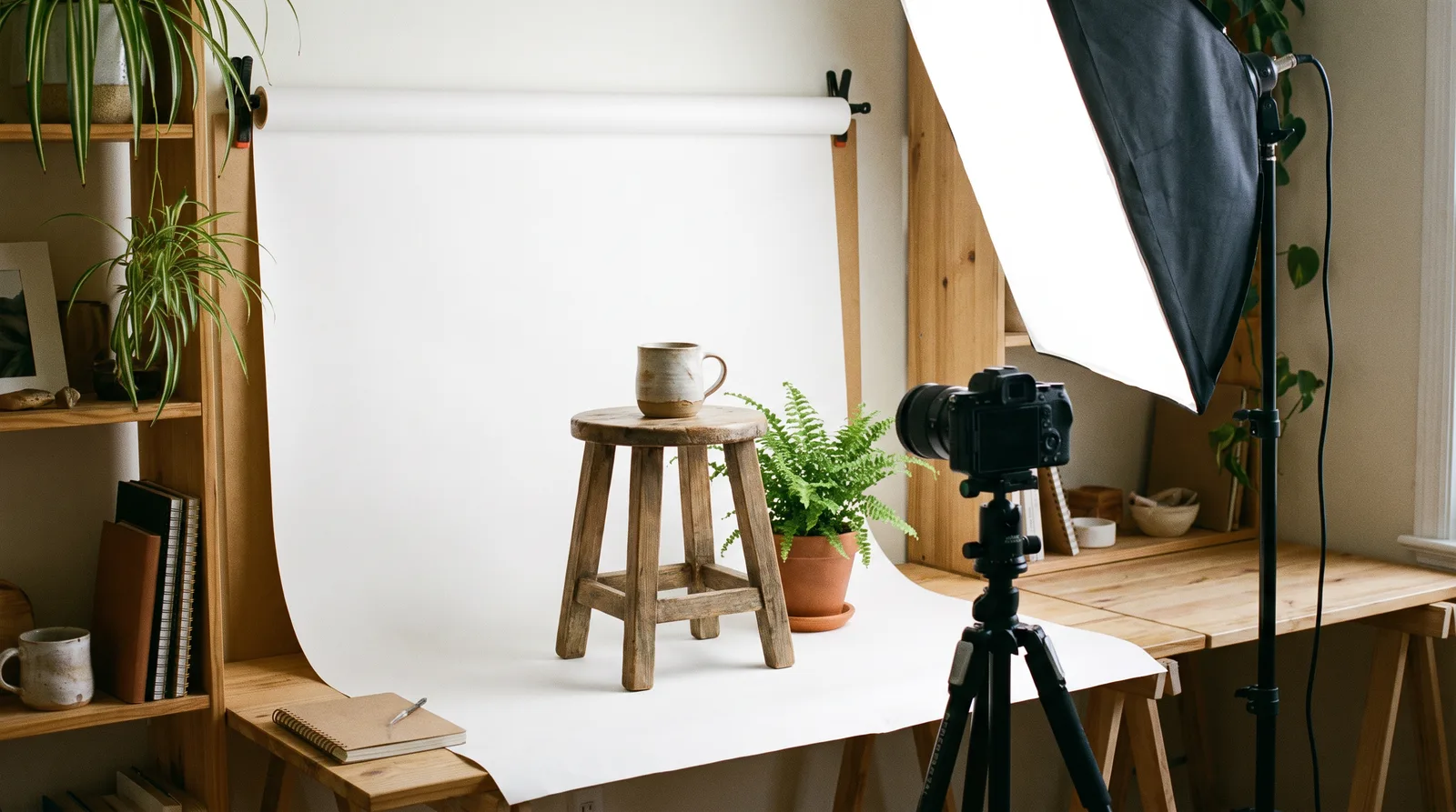 Small photo corner with a white backdrop, a ceramic mug and a fern on a wooden stool, a softbox light and a camera on a tripod