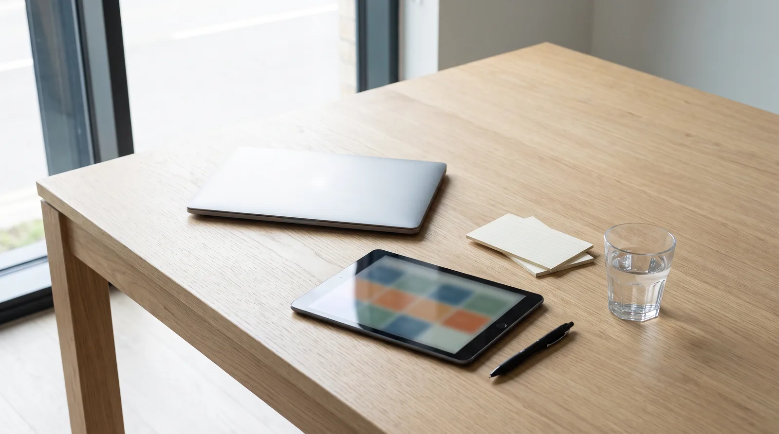 Light wooden meeting table with a closed laptop, a tablet showing coloured blocks, blank index cards, a pen and a glass of water