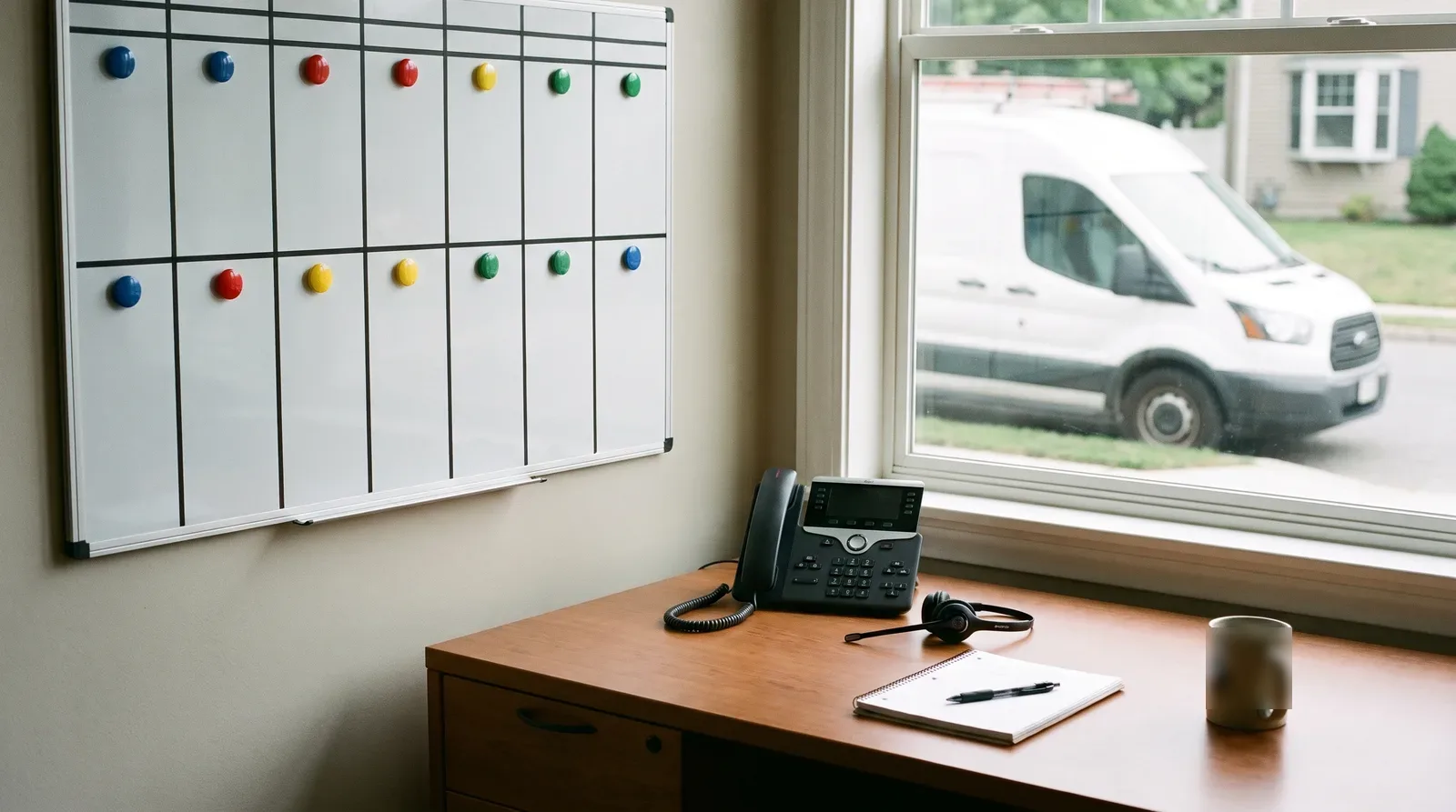 Small trades office with a weekly job board with coloured magnets, a desk phone and headset, and a work van visible through the window