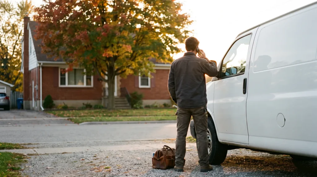Plumber seen from behind taking a phone call beside a white service van in a suburban driveway at golden hour