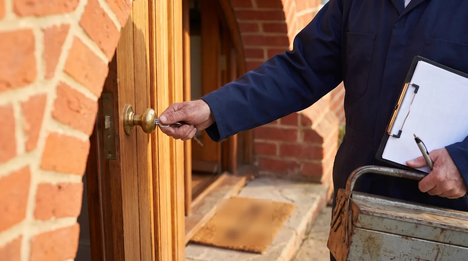 Technician in a navy work jacket holding a clipboard and metal toolbox while unlocking a brick house front door