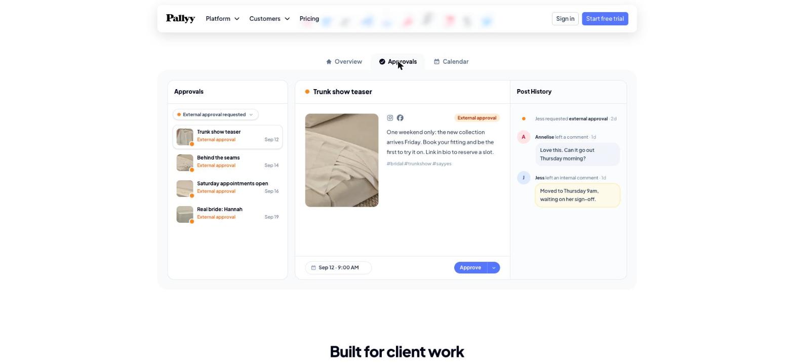 Pallyy approvals screen with a post awaiting client sign off, a client comment and an internal team comment