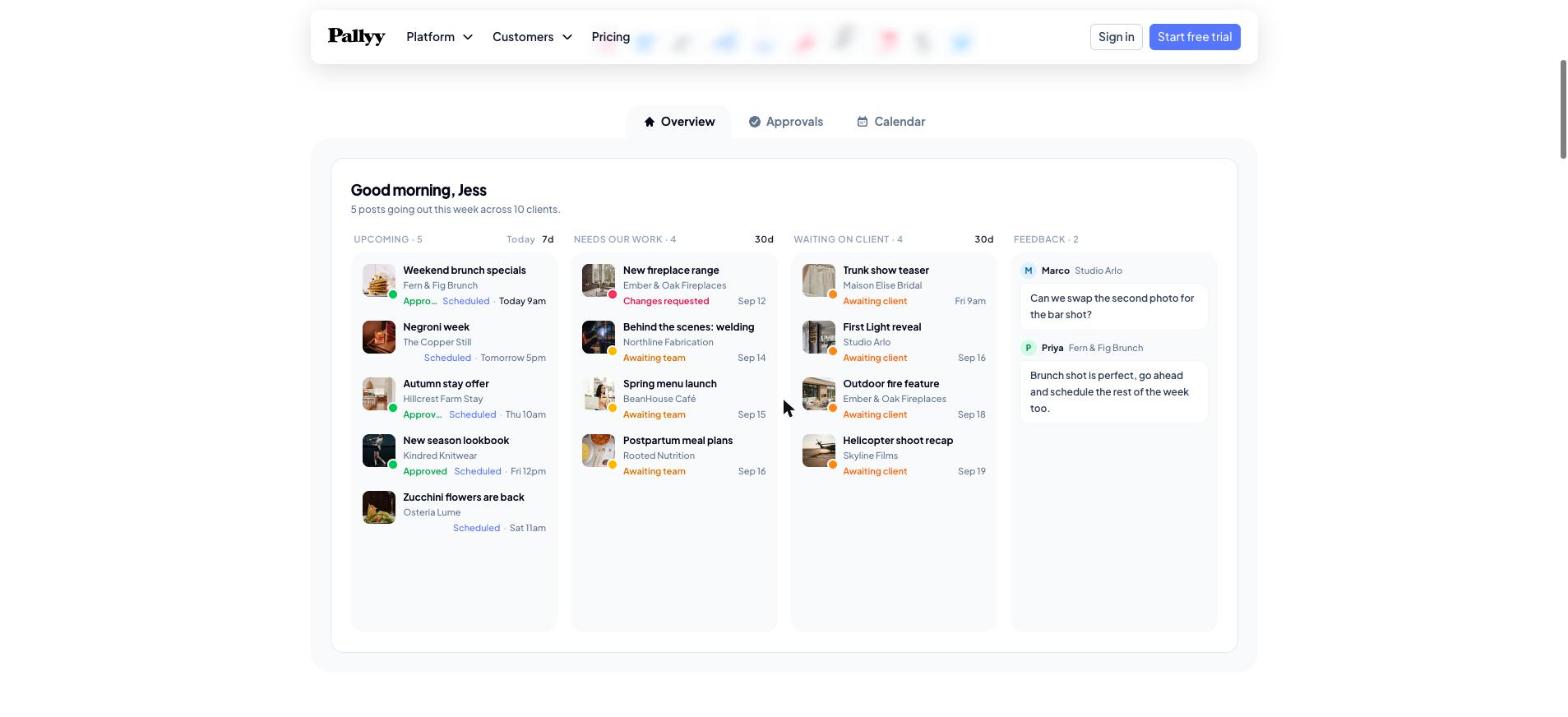 Pallyy overview board with upcoming posts, posts needing work, posts waiting on the client and recent feedback