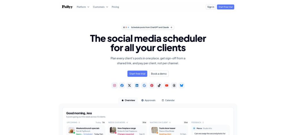 Pallyy homepage for its social media scheduler for agencies, with the supported networks listed