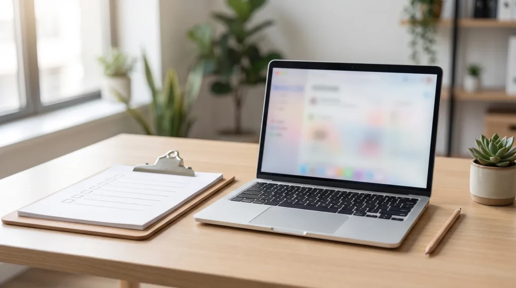 Clipboard with a blank checklist beside an open laptop on a bright desk