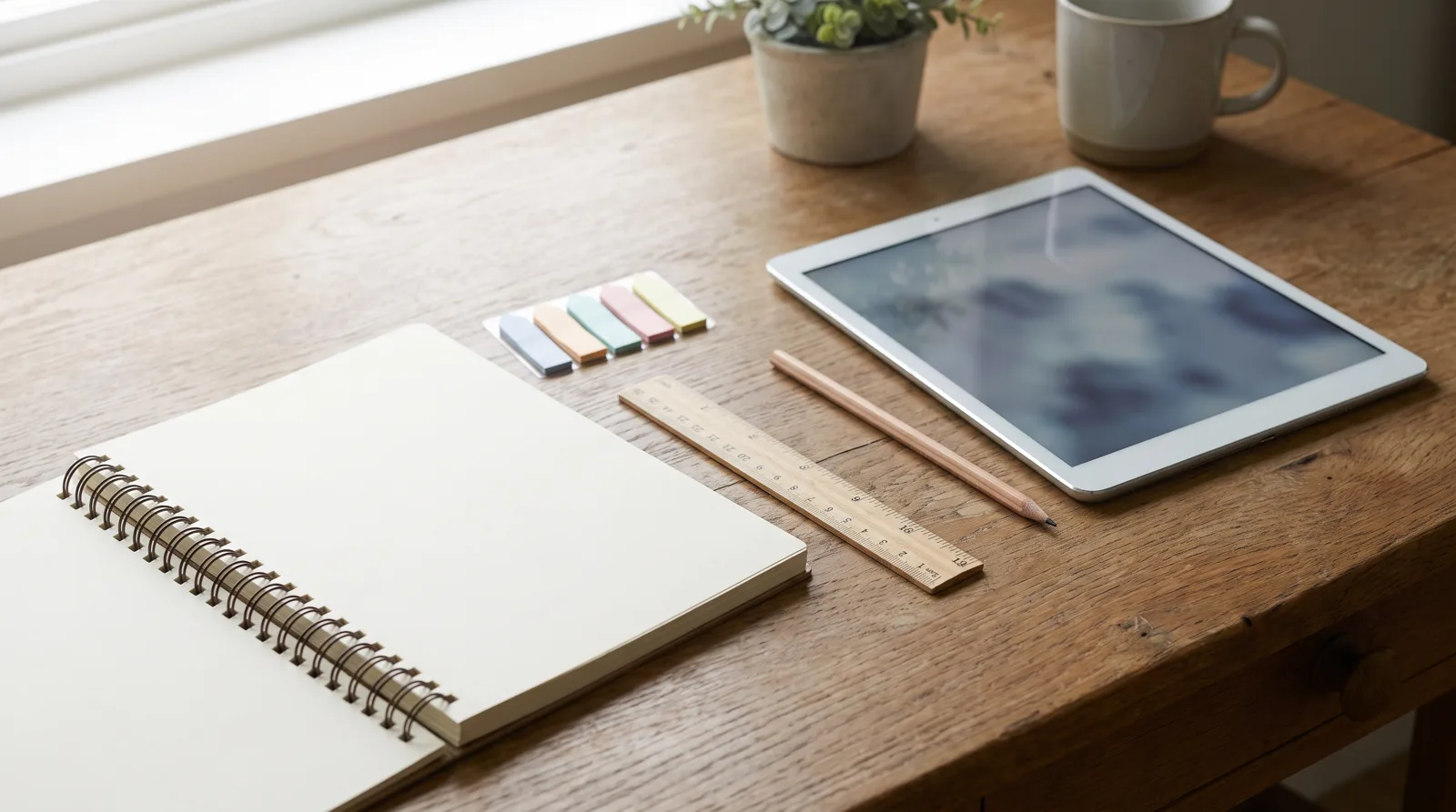 Open notebook, sticky tabs, ruler and tablet on a wooden desk
