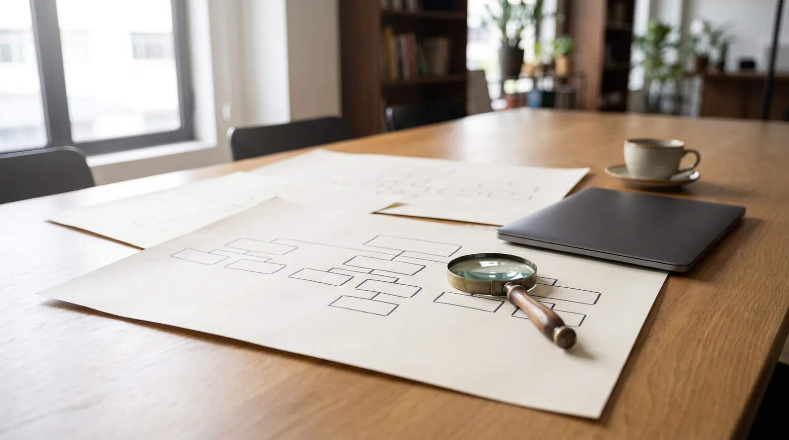 Printed site structure diagram of blank boxes with a magnifying glass on a table