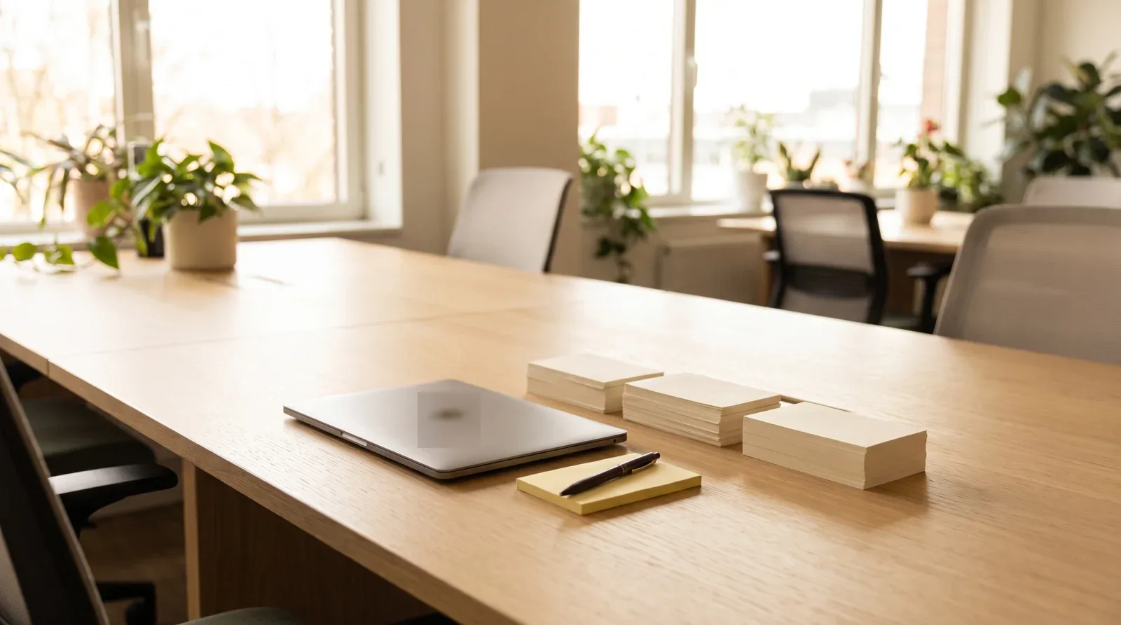 Light wooden meeting table with a closed laptop, blank index cards and a pad of sticky notes