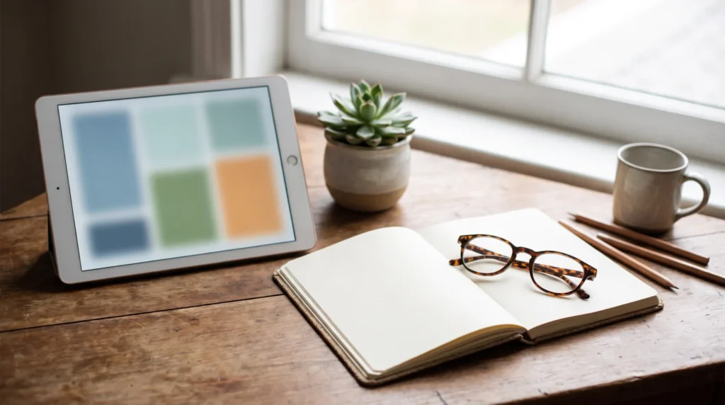 Tablet showing blurred colour blocks beside a notebook, reading glasses and a small plant on a desk