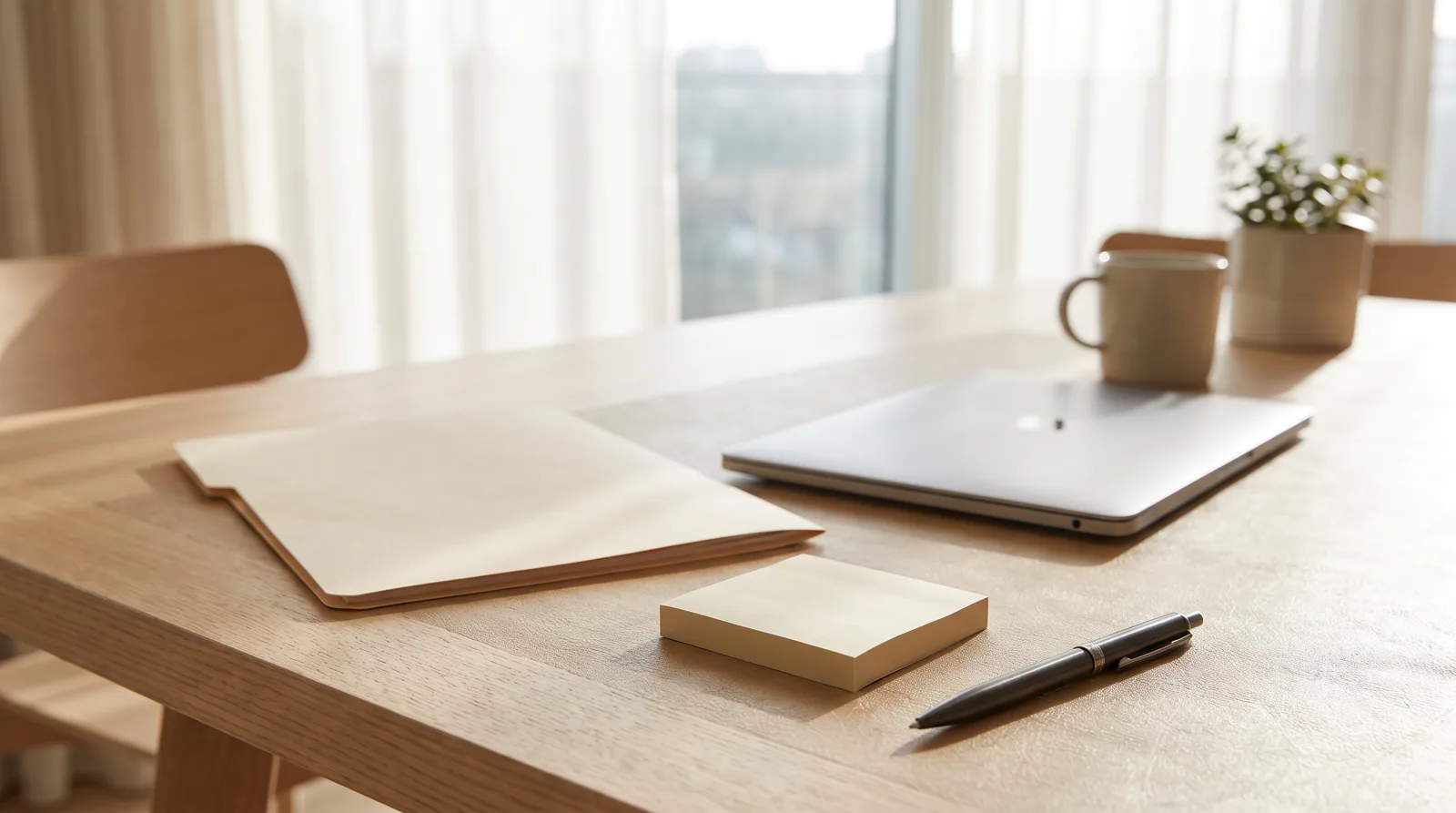 Light wooden meeting table with a closed laptop, a blank folder, a pad of sticky notes and a pen