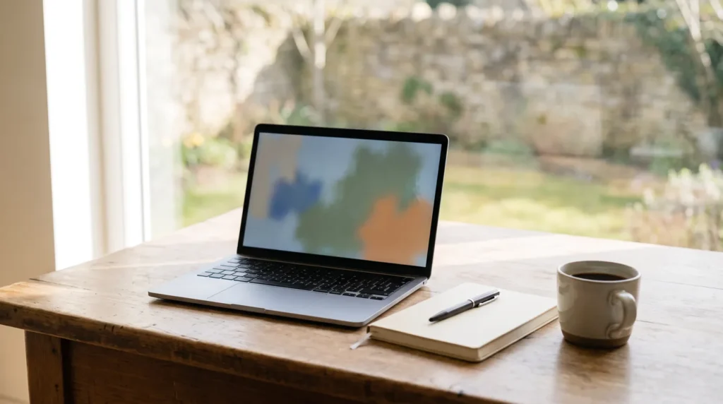 Open laptop with a blurred abstract screen, a notebook, a pen and a coffee cup on a wooden desk