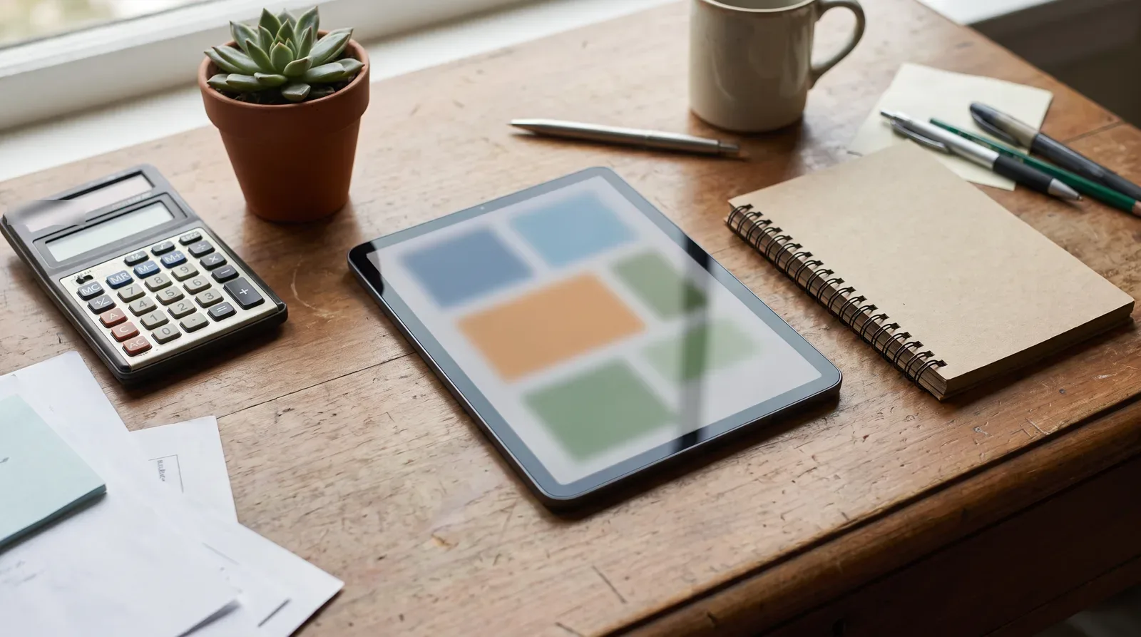 Tablet showing blurred colour blocks beside a calculator, a notebook and a small plant on a wooden desk