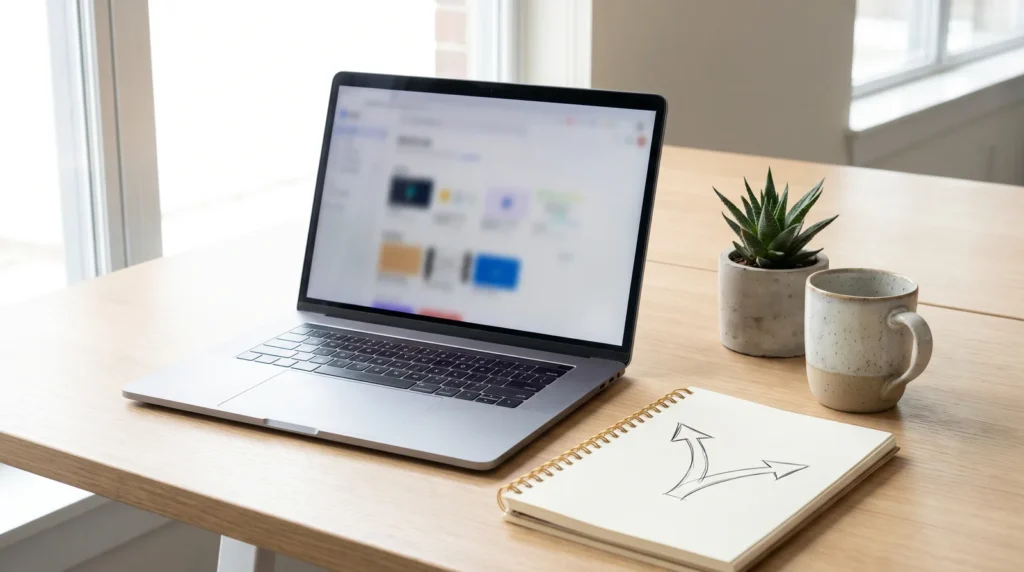 Open laptop and a notebook with a forked arrow on a bright desk