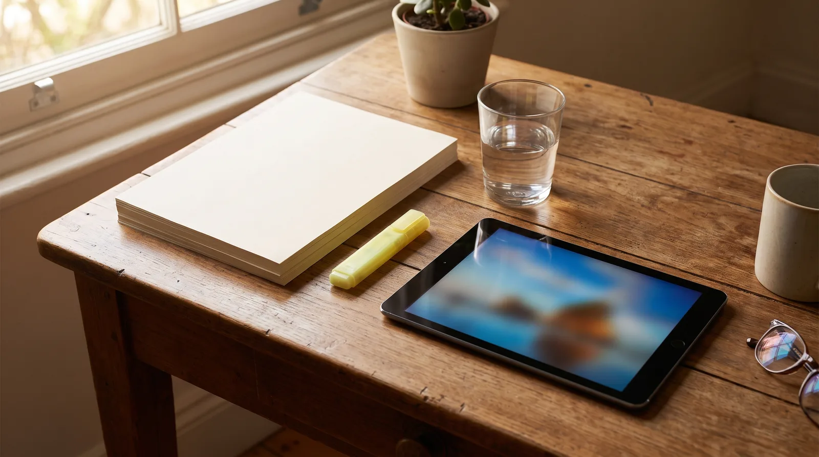 Desk with a stack of blank pages, a highlighter and a tablet