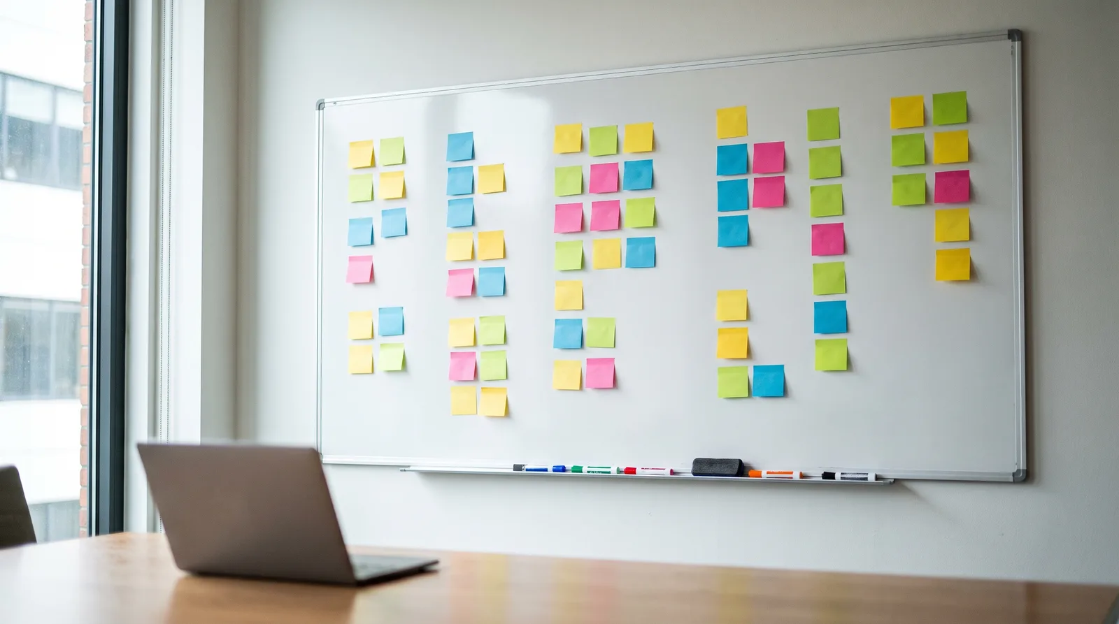 Whiteboard covered in blank sticky notes with a laptop on the table