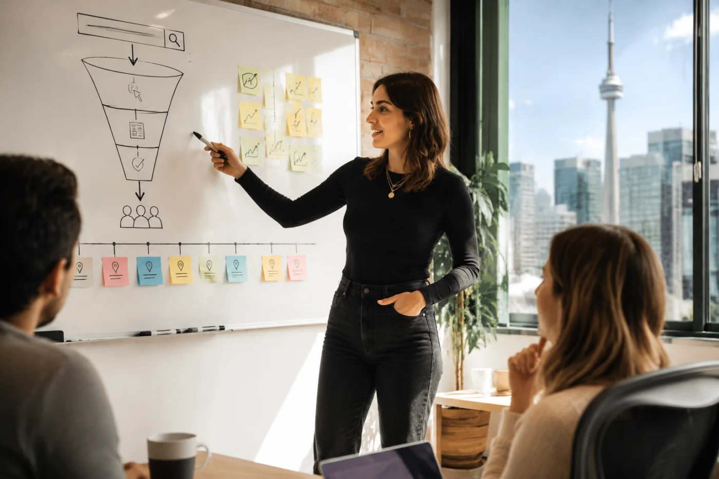 SEO strategist planning a campaign on a whiteboard in a Toronto agency office